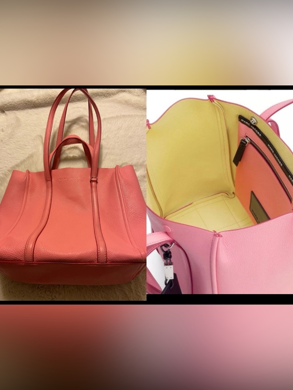 * $395 Marc Jacobs pebbled leather tote strawberry/gold office style neon